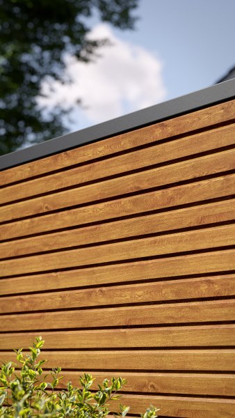 REXOprotect® Zaun-Füllung, geschlossene Rhombusprofile Golden Oak, Alu-Profile anthrazit
