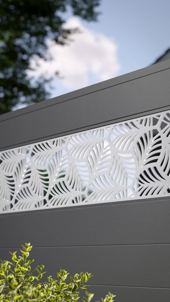 REXOprotect® Alu-Sichtschutzzaun mit Design-Element 'Monstera' und Alu-Profilen anthrazit