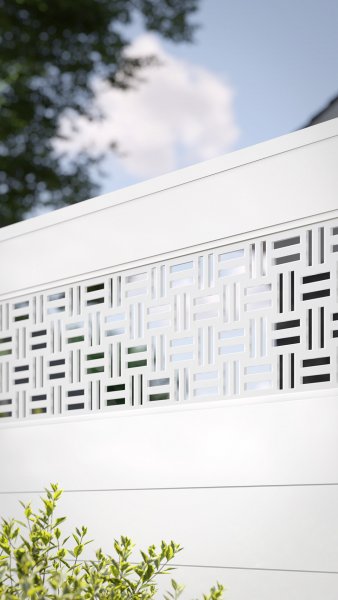 REXOprotect® Zaun-Füllung, Trennwandprofile weiß mit PLEXIGLAS®-Design 'Beams'