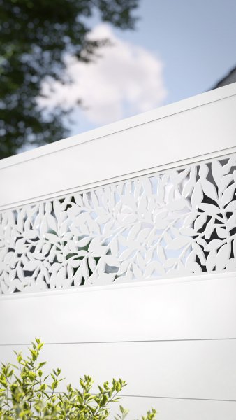 REXOprotect® Alu-Sichtschutzzaun mit Design-Element 'Leaves', weiß