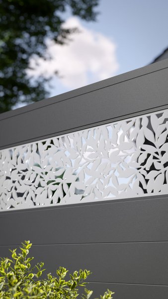 REXOprotect® Zaun-Füllung, Trennwandprofile anthrazit mit PLEXIGLAS®-Design 'Leaves'