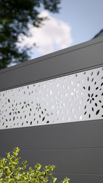 REXOprotect® Alu-Sichtschutzzaun mit Design-Element 'Floral' und Alu-Profilen anthrazit